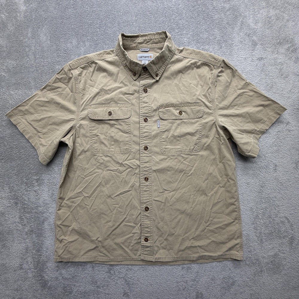 Carhartt Shirt Mens L Brown Solid Button Up Short Sleeve Twill Relaxed Fit